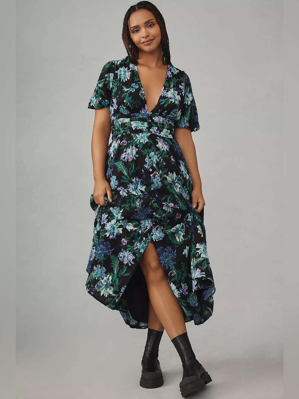 Anthropologie The Katerina Floral Print Puff Sleeve Midi Dress Women’s L PETITE